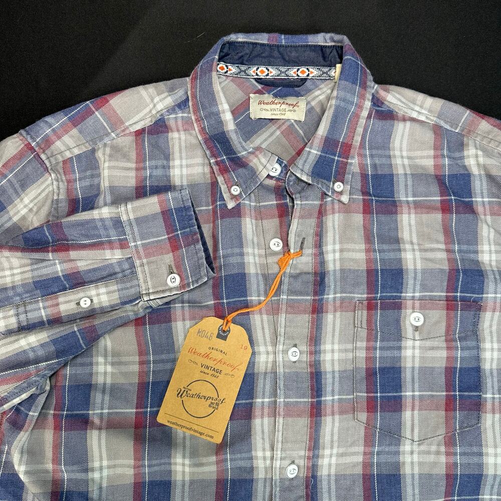 Weatherproof Vintage Mens Burnout Dove Blue Plaid Button Up Flannel Shirt Size M